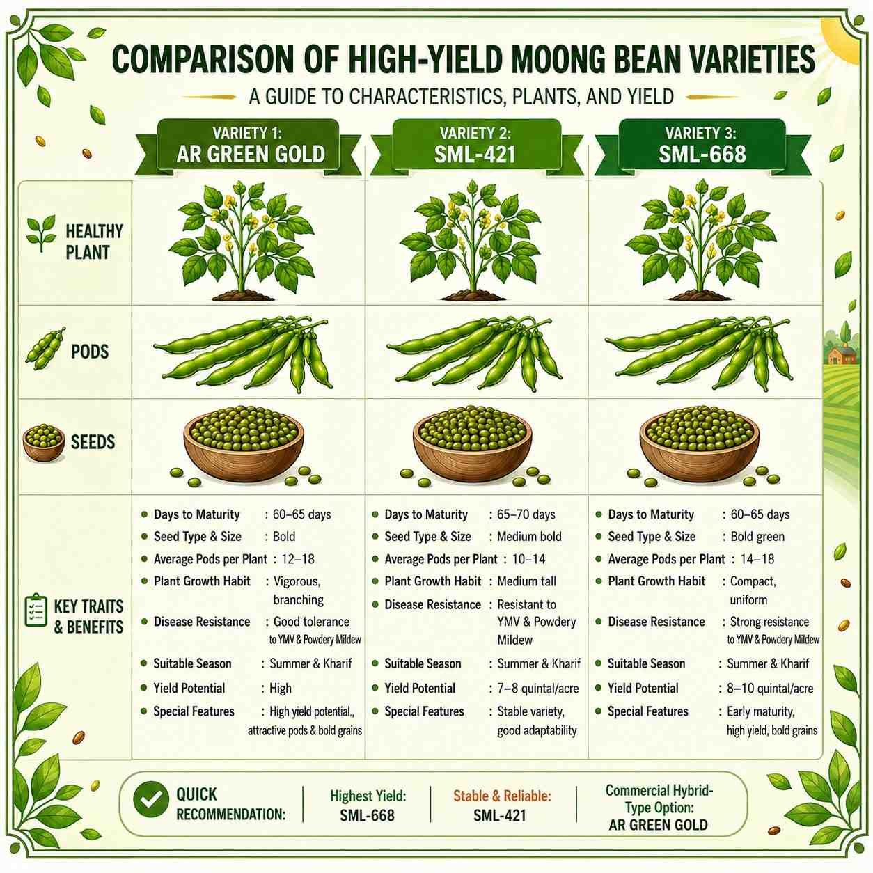 Comparison infographic of high-yield moong bean varieties AR Green Gold, SML-421, and SML-668 showing healthy plants, pods, seeds, maturity duration, disease resistance, yield potential, and key farming benefits in a green agricultural design.
